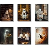 Yaneiro Vintage Halloween Wall Art Posters Prints Set of 6 - Vintage Spooky Ghost Canvas Halloween Wall Decor, Horror Creepy Dark Academia Pictures for Living Room Bedroom Bathroom 12x16 inch Unframed