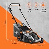 VonHaus 1800W Electric Lawn Mower 430mm 52L Bag 5 Heights Foldable Handle view 7