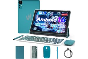CUPEISI Android 16 Tablet 10 Inch, 20GB RAM+128GB ROM/ 2TB Expandable, 2.0GHz Octa-core Processor, 1280*800 HD Screen, 5G WiFi6 BT 5.0, 2 in 1 Tablets with Keyboard Case Mouse Stylus, Widevine L1 Blue