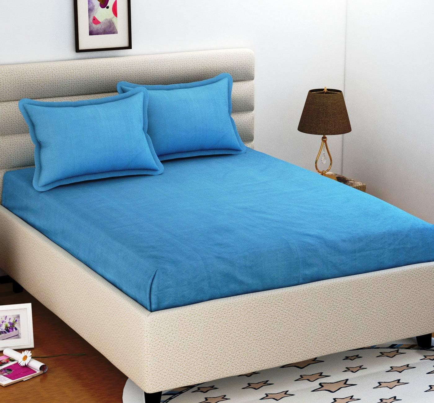 BEVI - Home 144 Tc Solid Premium Microfiber Double Bedsheet with 2 Pillow Cover- (Aqua Blue)