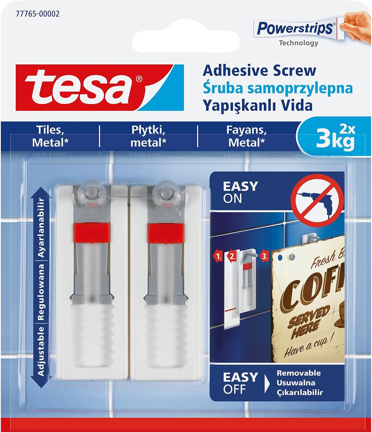 tesa 77765-00005-00 Smart Mounting System Adjustable Adhesive Screw Hook with Removable Adhesive Strips for Tiles Metal and Smooth Surfaces