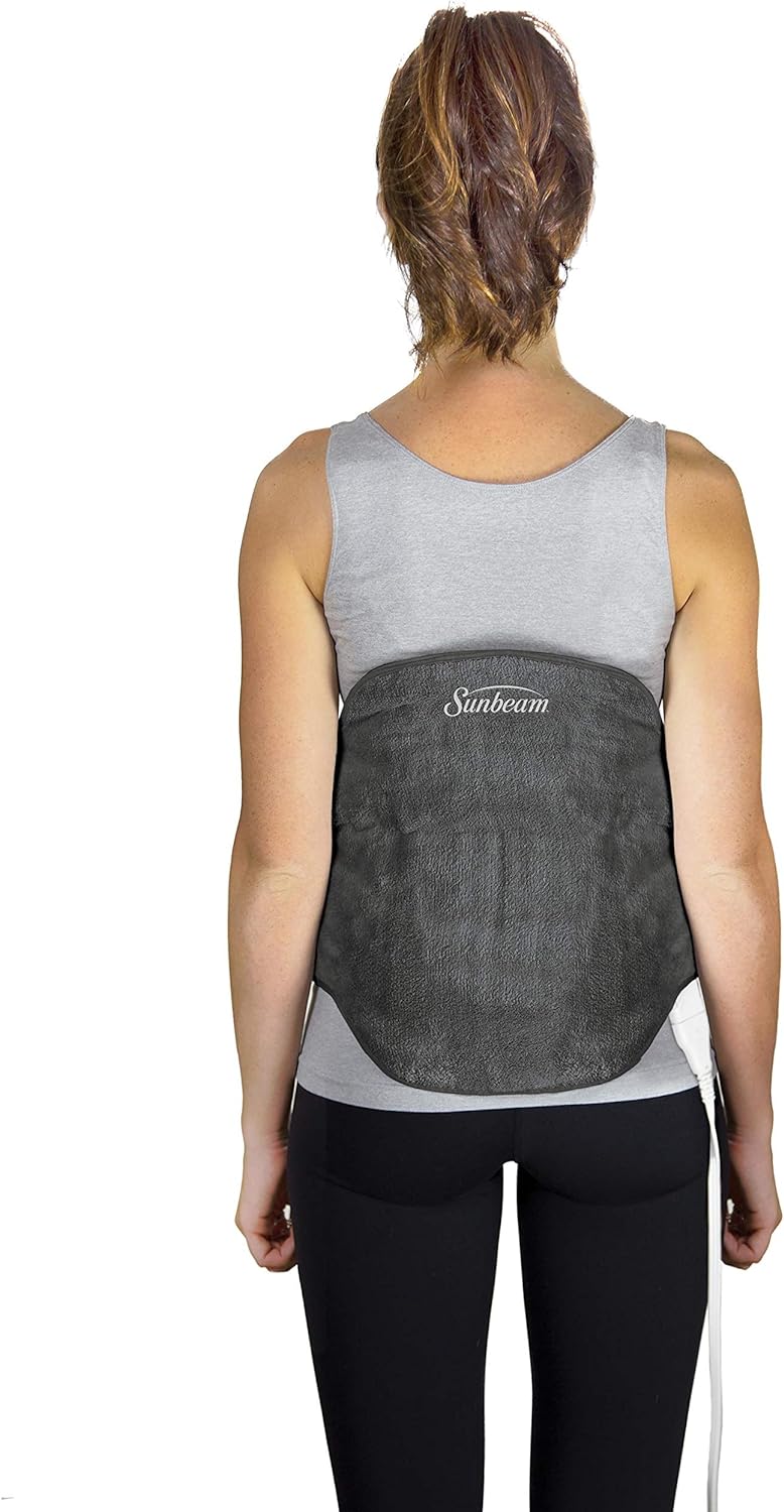 Sunbeam Heating Pad Back Wrap with Adjustable Strap | Contoured for Back Pain Relief | 4 Heat Settings with 2 Hour Auto Off | 23 x 15 Inch, Slate Grey: Health & Personal Care