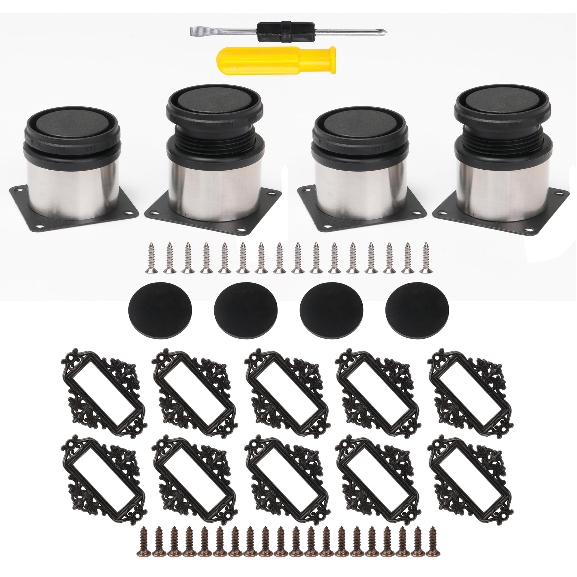 10Pcs Vintage File Drawer Label Slot Holder 55 × 43mm Bronze Type A+4Pcs Stainless Steel Furniture Foot Adjustable 50 x 50mm