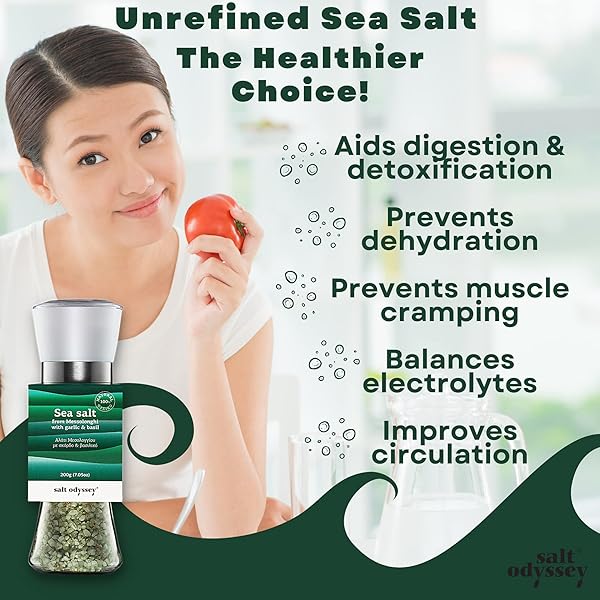 SALT ODYSSEY GRINDER SALT, PURE SEA SALT FOR SEASONING MEAT, FISH AND CHICKEN, 100% NATURAL SEA SALT FROM GREECE, GOURMET SEA SALT WITH GARLIC & BASIL MILL GRINDER (7.05 OZ.)