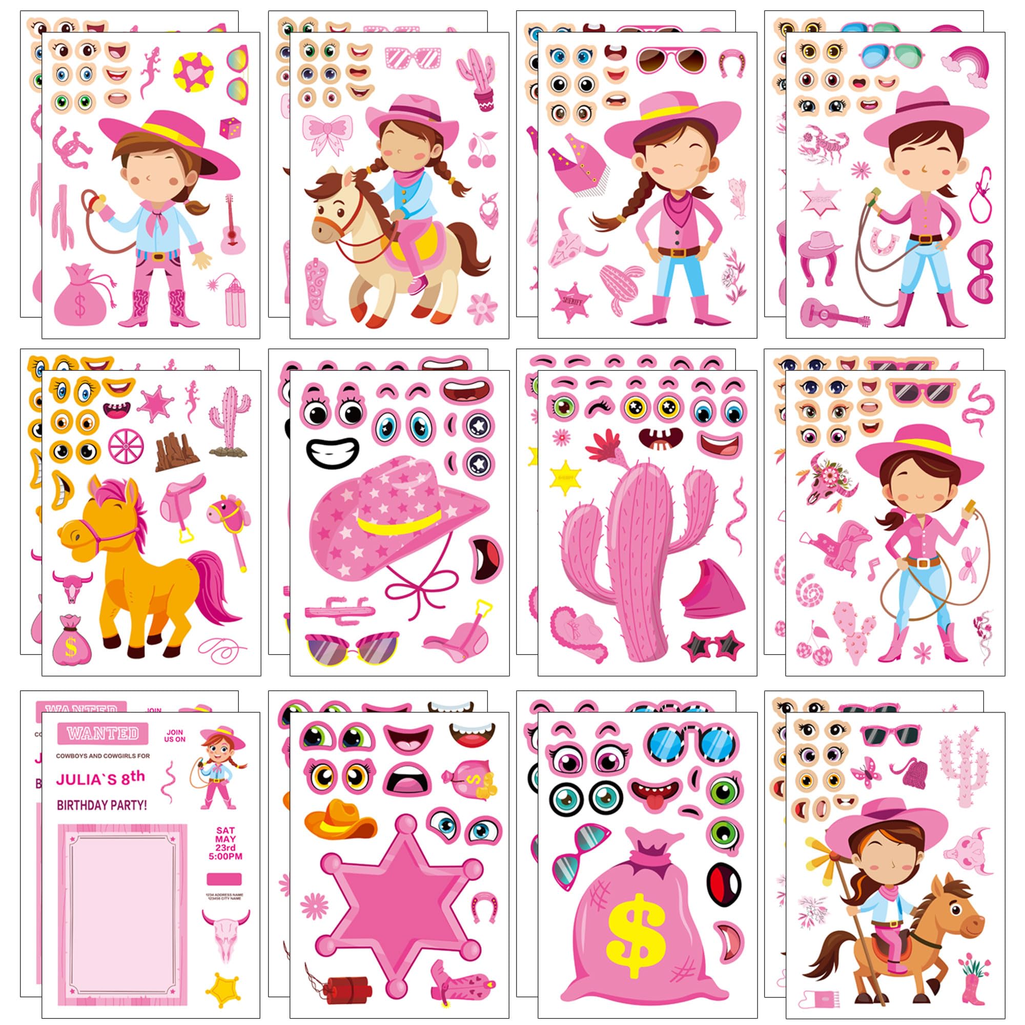 Dorgua 24 Sheets Cowgirl Make a Face Stickers, Pink Western Party Games Decal Mix and Match Sticker, Make Your Own Pink Cowgirl Stickers DIY Crafts for Adults Birthday Party Supplies Classroom Rewards