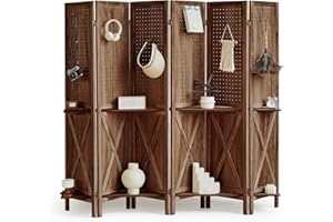 Asnefeli 6 Panel Room Divider with Shelves, 5.6Ft Pegboard Display with 24 Hooks, Soild Wood Room Divider, Freestanding Display Board Wall Organizer for Craft Show, Jewelry, Retail, Cloth (Brown)