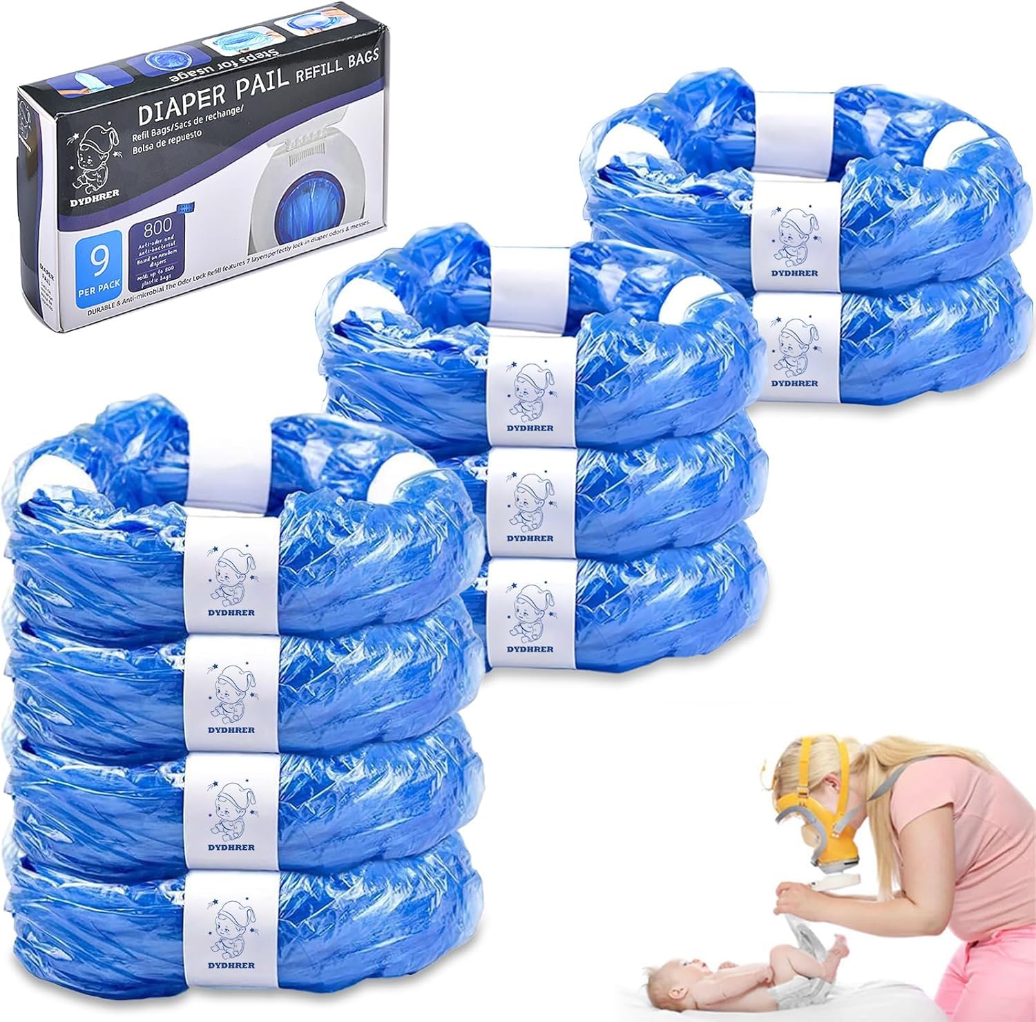 DYDHRER Napppy Bin Refill Bags - 9 Pack for Tommee Tippee, Angelcare, Twist & Click, Recycled Material, Odor-Proof Diaper Pail Refill Cassette