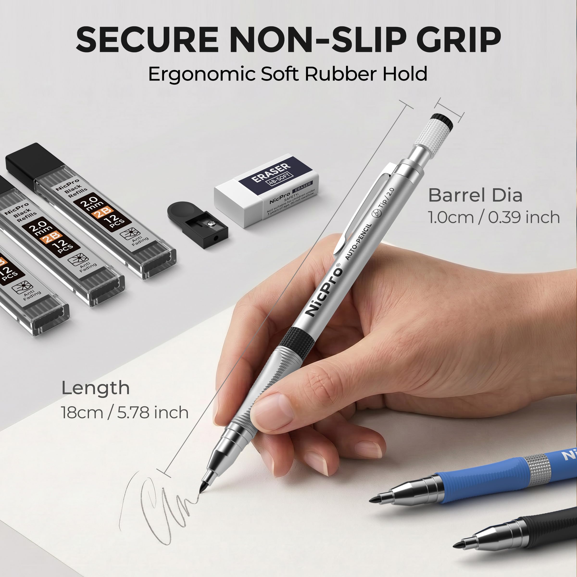 Nicpro 3 Stücke Druckbleistifte Set Fallminenstift Mechanische Bleistifte 2mm mit 6 Dosen Bleimine (HB 2B), Radiergummis, Anspitzer für Schreiben Zeichnen 3