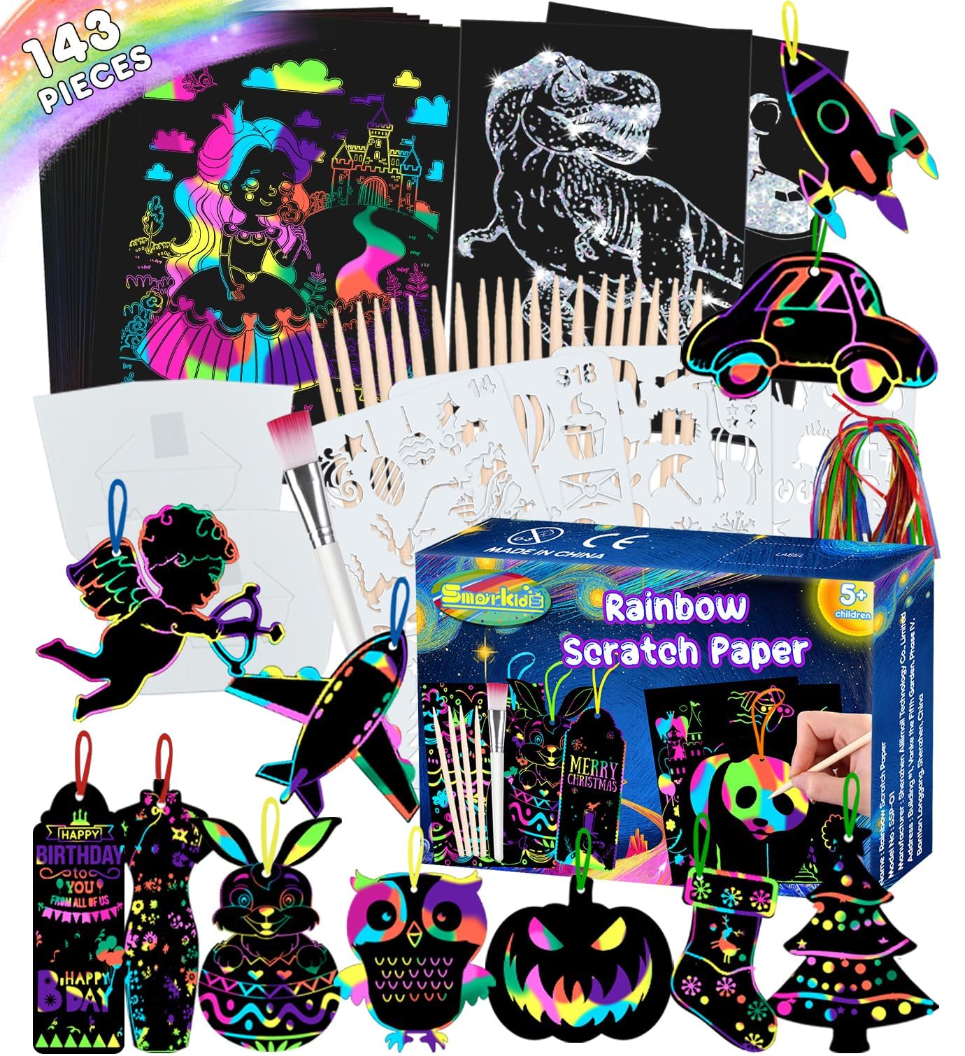 Smarkids 143 Pcs Scratch Paper Art Set for Kids, Magic Rainbow Scratch Paper Notes Creative Rainbow Art Set Art Rainbow Scratch Art for Kids with Stencils, Bookmarks & Holiday Themed Shapes