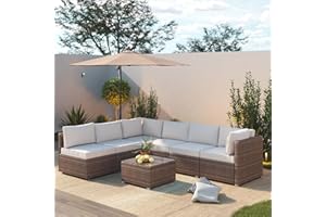 Naga Bahna 7 Piece Patio Furniture Set, Outdoor Couch Set—All-Weather Outdoor Furniture Sectional w Water Resistant Thick Cushions, Patio Sofa Set w 2 Extra Pillows and Coffee Table, Beige/Brown