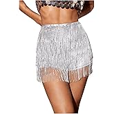 SweatyRocks Women's Sparkly Sequins Tassel Mini Skort Skinny Shorts Fringe Hip Rave Festival Bottoms