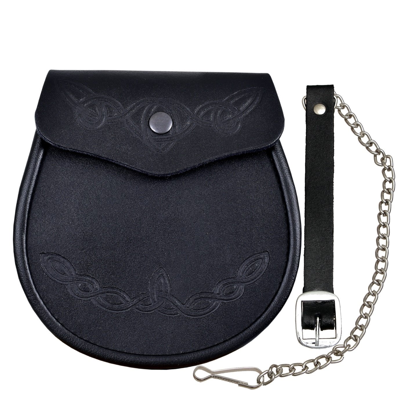 SHYNE KILTS U.K Embossed Leather Smooth Kilt Sporran With Celtic Pattern Free Chain Strap