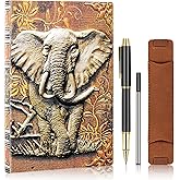 LongLongJin Vintage 3D Embossed Elephant Leather Notebook A5 Travel Journal with Ballpoint Pen and Pen Refill,Pen Sleeve,Antique Handmade Daily Notepad Hardcover Writing Notebook Gift (Elephant)