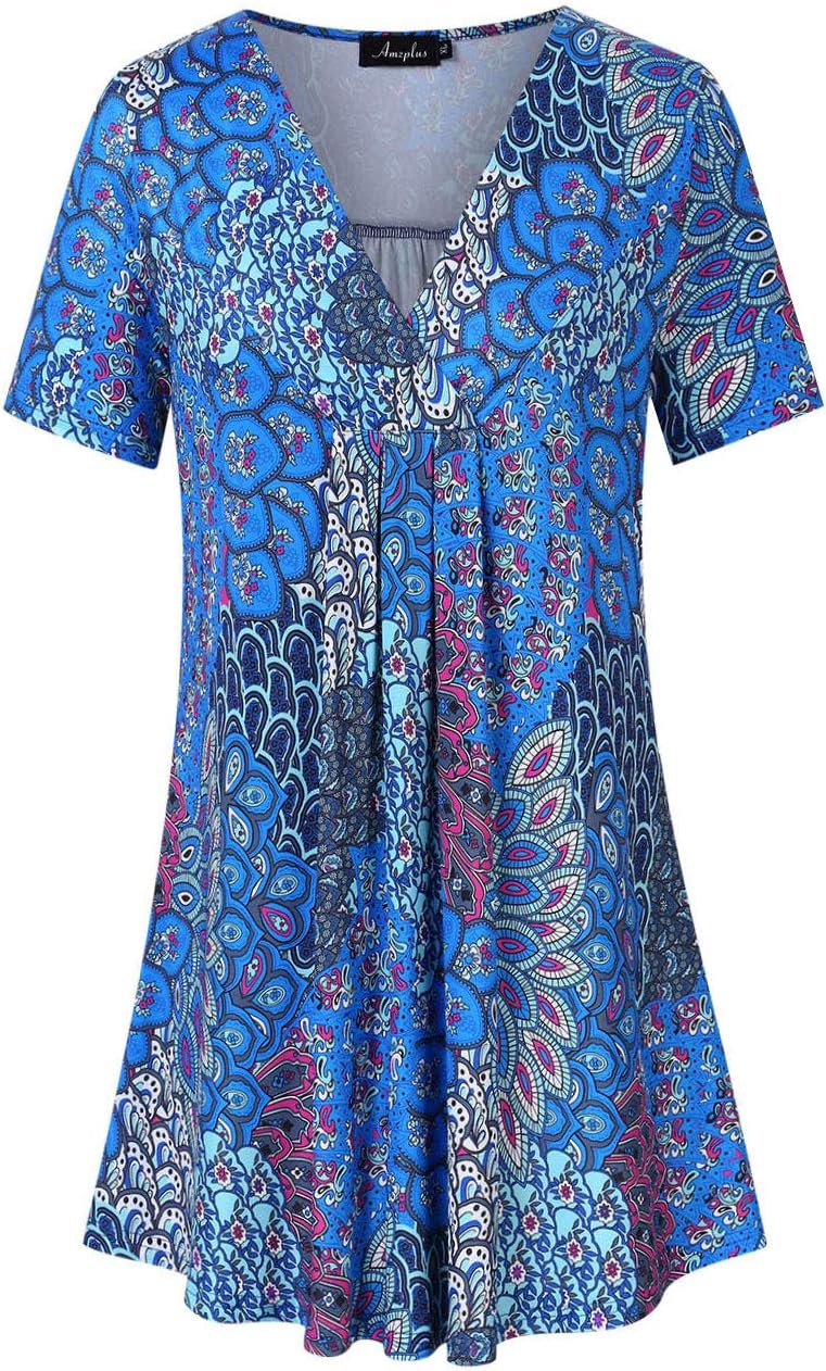 Women's Plus Size V-Neck Pleated Henley Tops Flowy Loose Blouse Casual Tunic T Shirt