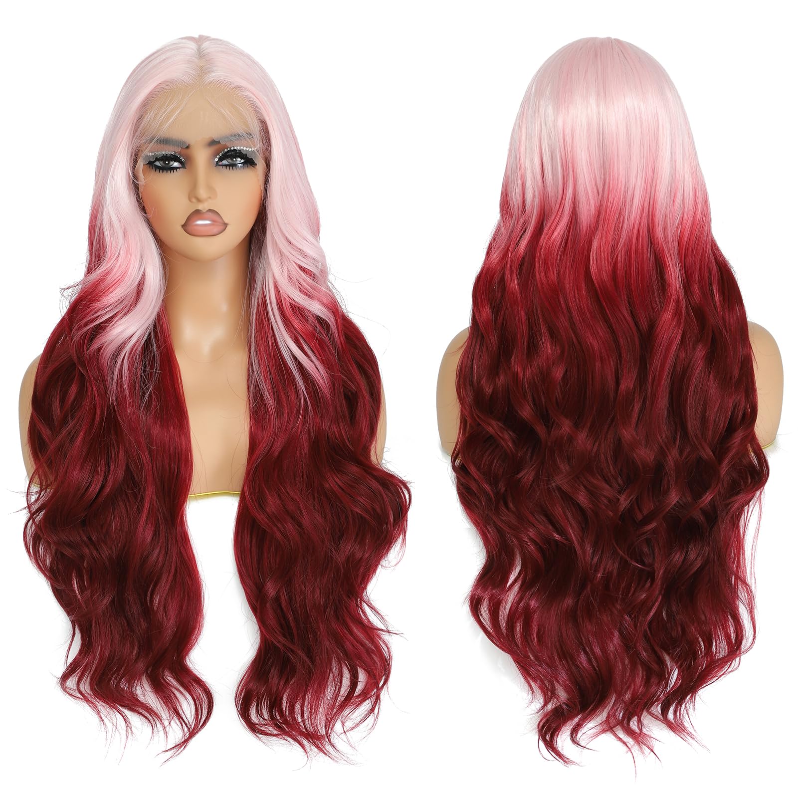 X-Tress 28" Lace Front Wig - Pink to Red Balayage Synthetic Hair - Pre Plucked, Glueless, Soft