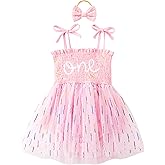 DLLYING Baby Girl First Birthday Outfit Summer Sleeveless Smocked Fairy Berry One Romper Tulle Dress + Headband