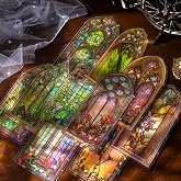 60PCS Large Holographic Gothic Stained Glass Window Medieval Stickers – Vintage Clear Cathedral Religious Art Decals for Scrapbooking, Journaling, Christian Bible Study, Art Crafts Supplies