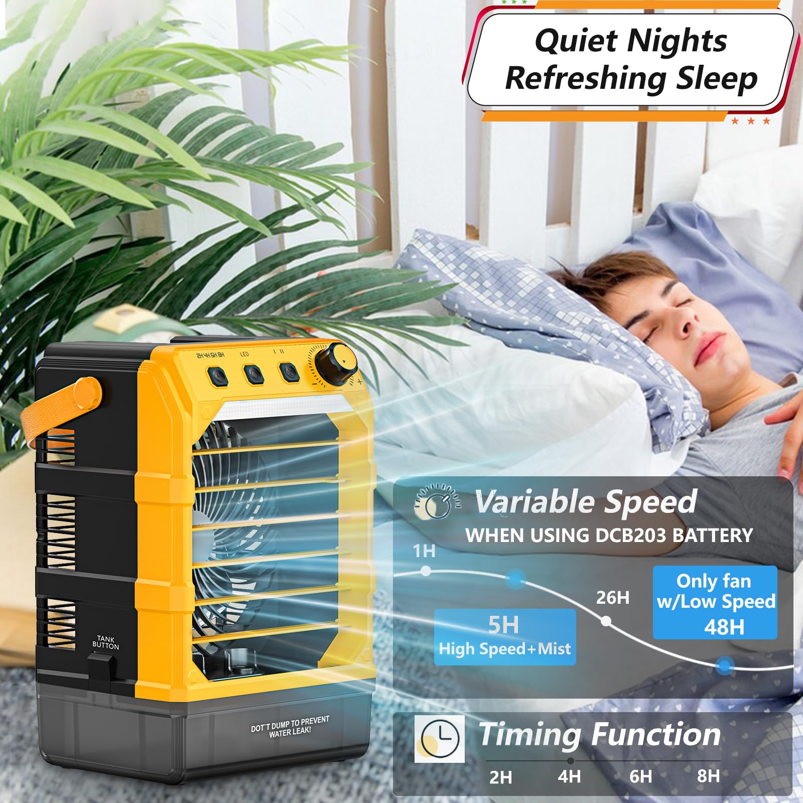 Rozlchar Portable Cooling Fan Compatible for Dewalt 20V 60V Battery(No Battery) w/USB Input Powered, Outdoor Camping Fan w/Mist, Timing Function, 1600mL Water Tank & LED for Home, Outside, Camping