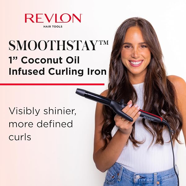 REVLON SMOOTHSTAY 1 INCH CURLING IRON, COCONUT OIL INFUSED CERAMIC CURLING WAND WITH TOURMALINE IONIC TECHNOLOGY, TIGHT BOUNCY CURLS, ENHANCED SHINE, REDUCED FRIZZ