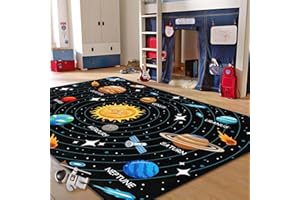 LIOQUN Kids Carpet Outer Space Rug, Solar System Mat 5x7 FT, Fun Game Boy Girl Kids Rug Carpet for Children Bedroom, Space Area Floor Mat for Living Room Nursery Room Toddler Classroom Decor