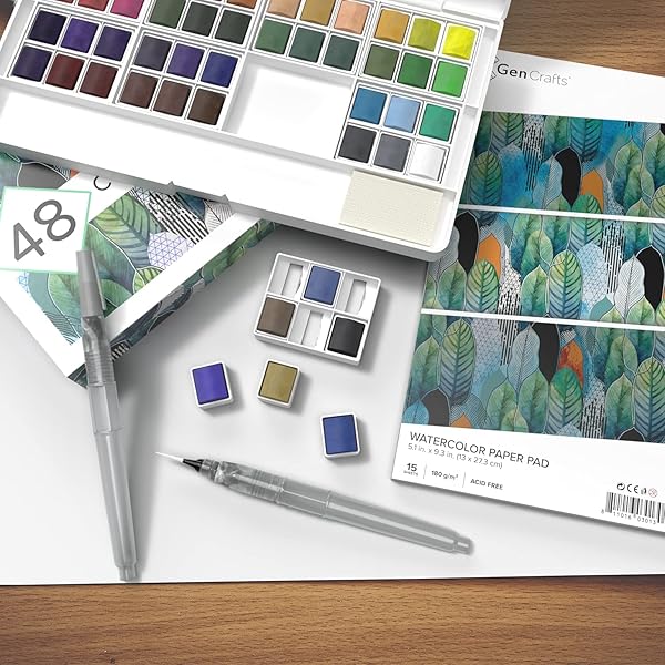 GENCRAFTS WATERCOLOR PAINT PALETTE 48 PREMIUM COLORS WITH PAPER PAD – 2 REFILLABLE BRUSH PENS – 15 SHEETS OF WATER COLOR PAPER