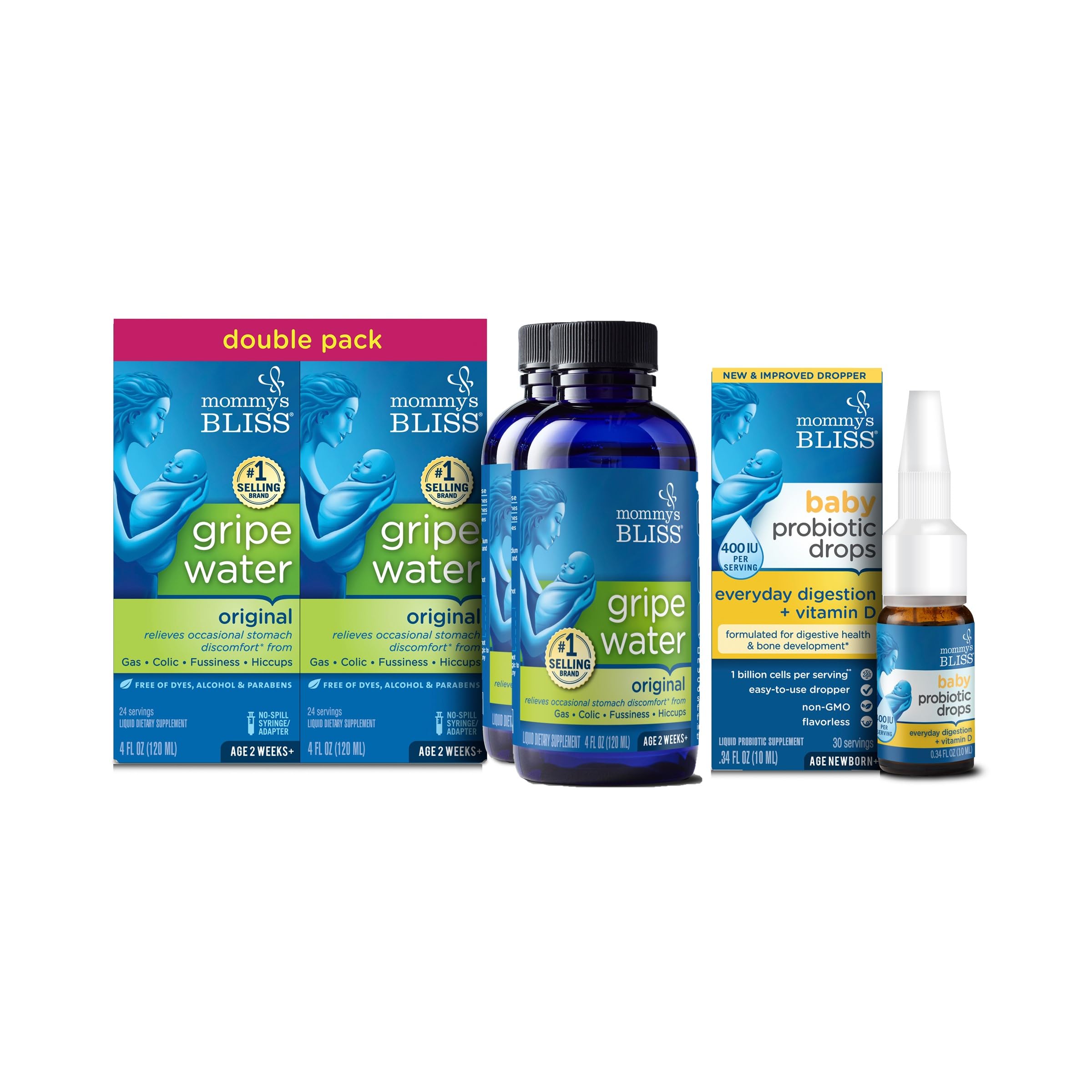Mommy's Bliss Gripe Water Original 4 Fl Oz (Pack of 2) with Baby Probiotic + Vitamin D Drops 0.34 Fl Oz (Pack of 1)