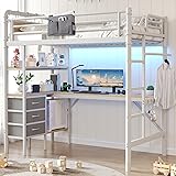Jocoevol Twin Size Loft Bed with L-Shaped Desk, LED