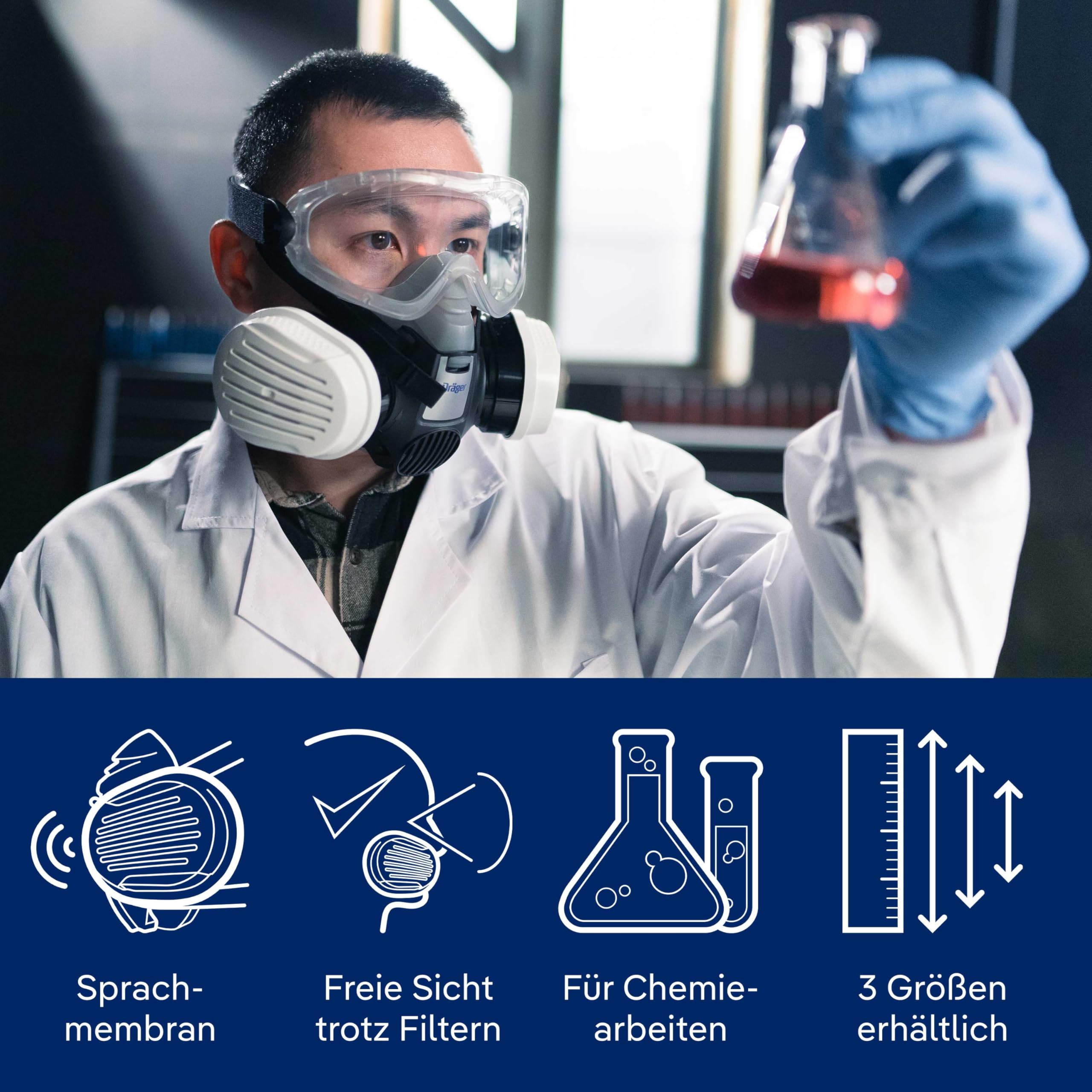 Dräger X-plore 3300 Chemiearbeiterset mit A1B1E1K1 Hg P3 Kombi-Filter – Halbmaske für Chemiearbeiten, zuverlässiger Schutz gegen Dämpfe, Gase und Fein-Staub, Größe M 6