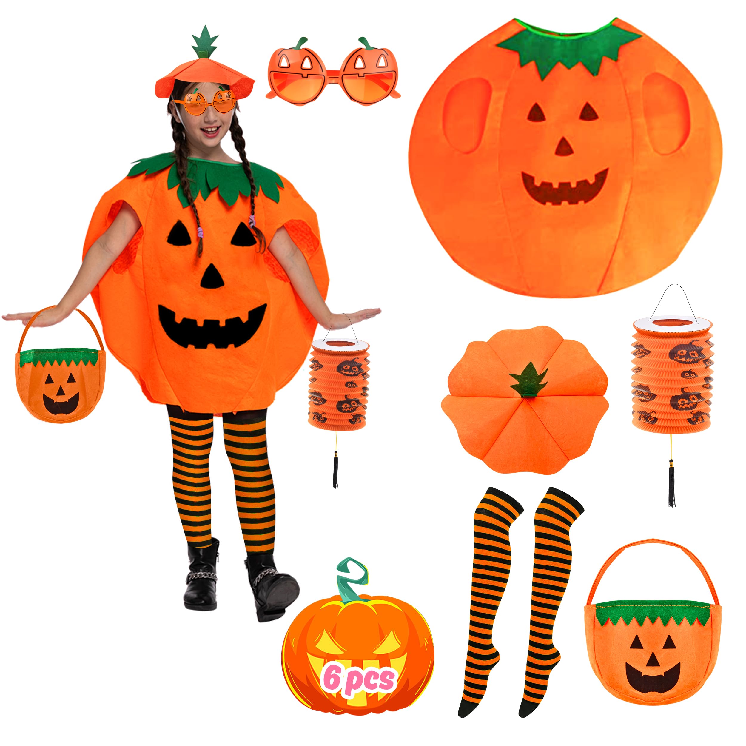 Abitoncc Halloween Pumpkin Costume for Kids - 6 PCS Fancy Dress With Socks, Glasses, Hand Bag - Toddler and Child Outfit