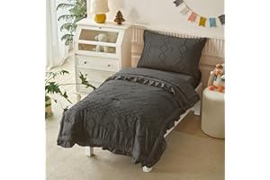 AIKASY Toddler Bedding Set 4 Pieces Super Soft Comforter Set, Shabby Boho Bohemian Design for Boys and Girls（Ruffle Fringe Comforter, Flat Sheet, Fitted Sheet and Pillowcase）- Dark Grey