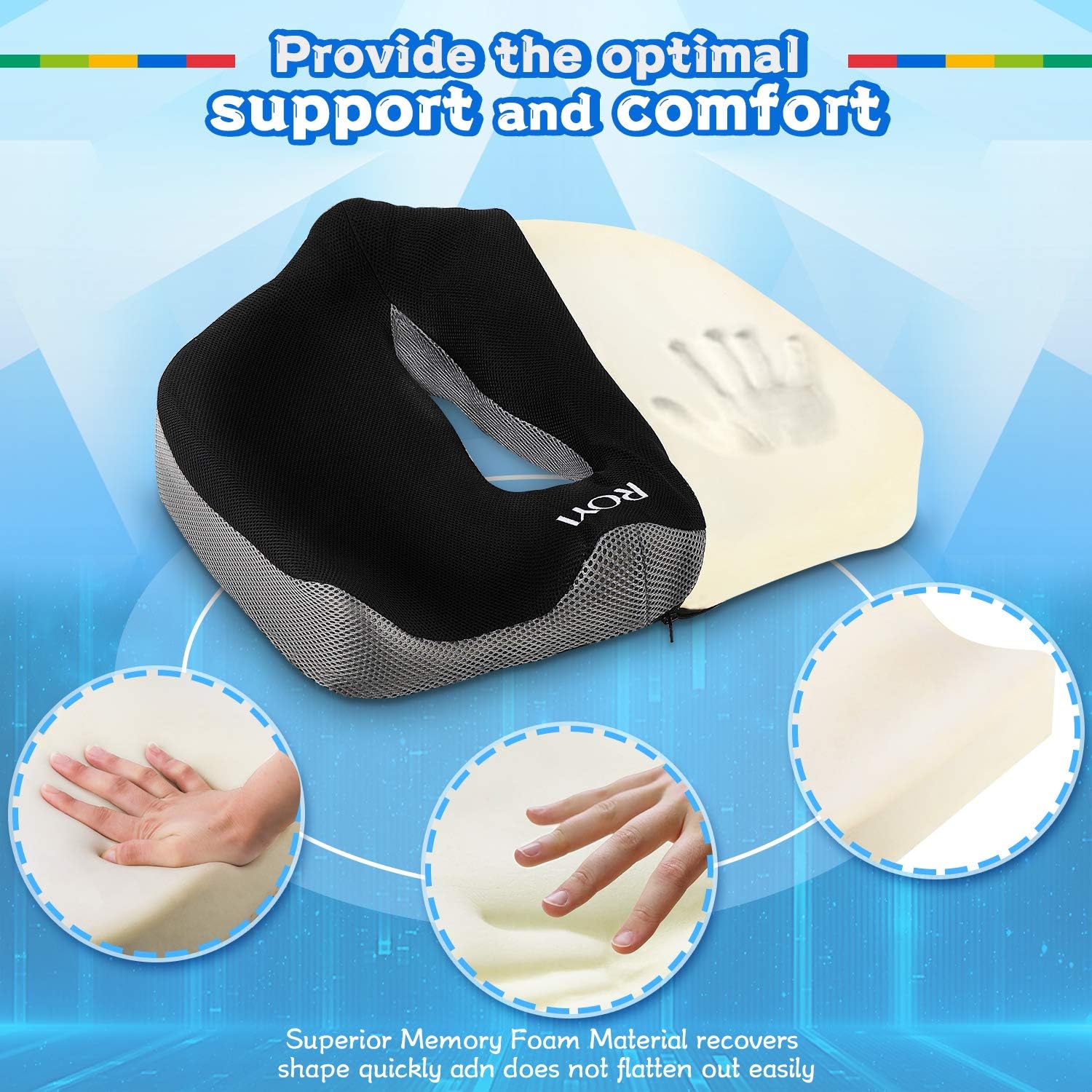 ROYI Memory Foam Seat/Chair Cushion for Relieves Back, Sciatica Pain，Tailbone Pain, Coccyx, Degenerating Disc, Orthopedic, Osteoarthritis, Sacrum, Prostate Cushion, Low Back Pain Cushion，Hip Shaping : Office Products