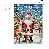 Dyrenson Merry Christmas Santa Claus Decorative Garden Flag, Xmas Reindeer Snowman Pine Tree Yard Outside Home Decoration, Winter Holiday Snowflake Burlap Outdoor Small Decor Double Sided 12 x 18
