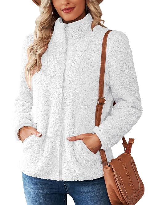 Nilimoph Womens Fleece Jumper Teddy Fleece Jacket Sweatshirts Casual Jumpers Top Fuzzy Full Zip Up Long Sleeve Stand Collar Cozy Coat Tops with Pockets (Z White, L)