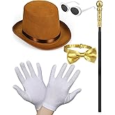 Ramede 5 Pcs Brown Top Hat Costume Set Includes Brown Top Hat Walking Scepter Oval Retro Sunglasses Bow Tie Uniform Gloves Costume Halloween Costumes Accessories for Parade Cosplay Dance Recitals