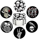 Coaster for Drinks Set of 6, Skeleton Skull Absorbing Round Ceramic Stone Coaster with Cork Base,Tabletop Protection Mat for Mugs and Cups,Coffee Table Wine Glass Home Bar 4 Inch