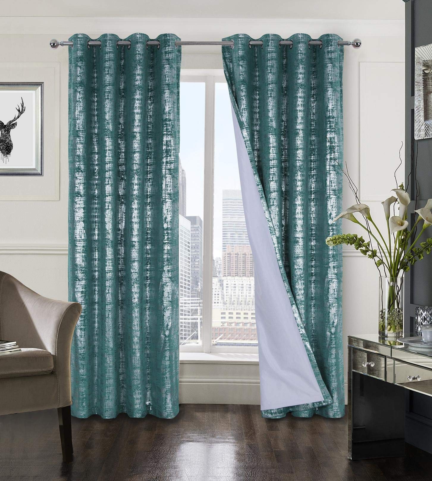 always4u Soft Velvet Curtains 100% Blackout for Window for Bedroom Thermal Silver Foil Printed Shining Luxury Window Treatment Drapes for Living Room 1 Pair Teal 46 * 54