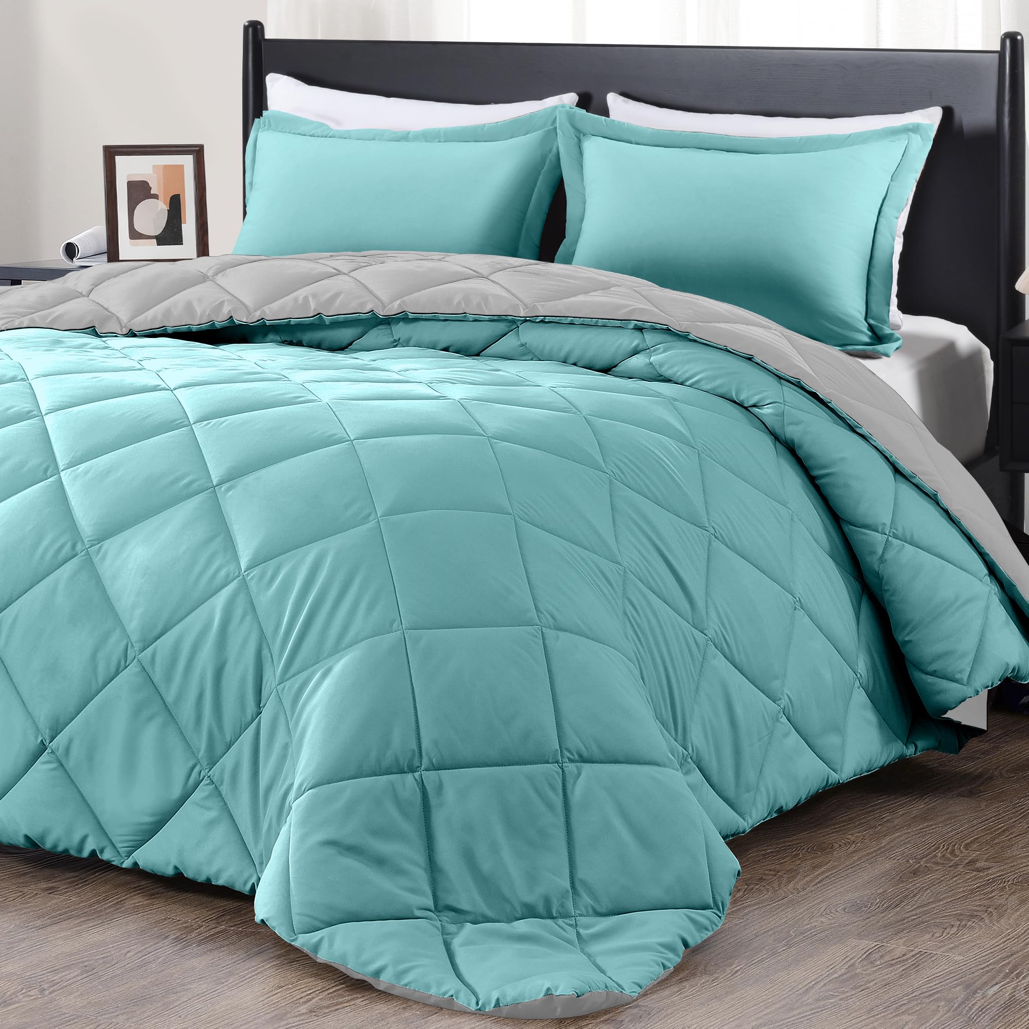 downluxe King Size Comforter Set - Turquoise and Grey King Comforter, Soft Bedding Sets for All Seasons -3 Pieces - 1 Comforter (104"x92") and 2 Pillow Shams(20"x36") Image