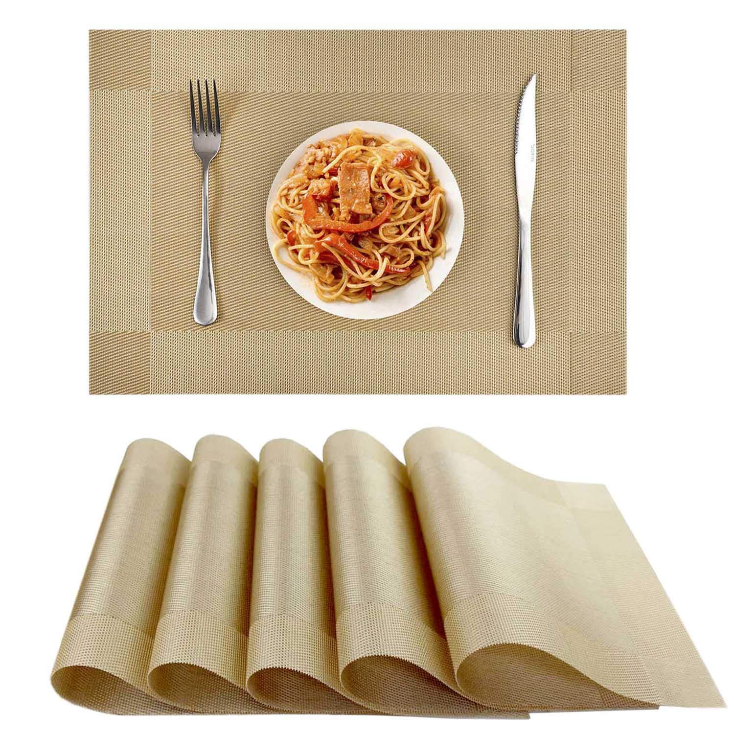 Place mats set of 6,Table Mats Heat Resistant Dining Kitchen Table Mats Washable Crossweave Woven Vinyl table mats set of 6 (11.8 in x 17.7 in) (Golden)