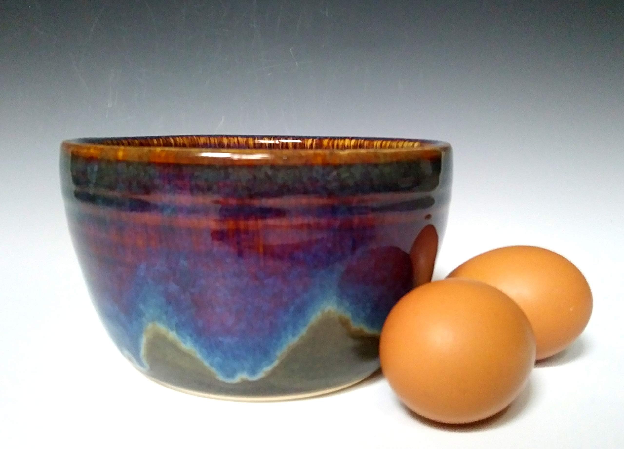 Small Handmade Serving/Mixing Bowl, 2-3 Cups, Stoneware Ceramic Pottery Dish, Kitchen Dinnerware, Stone Grey with Blue Purple Swirl