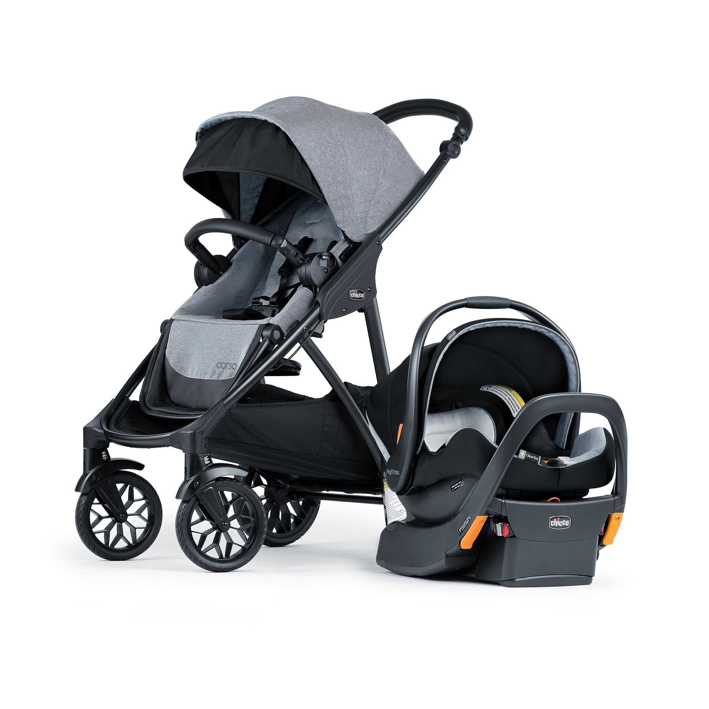 Photo 1 of Chicco Corso LE ClearTex Modular Travel System, Corso LE Modular Stroller with KeyFit Max ClearTex Infant Car Seat and Base, Canyon/Grey
