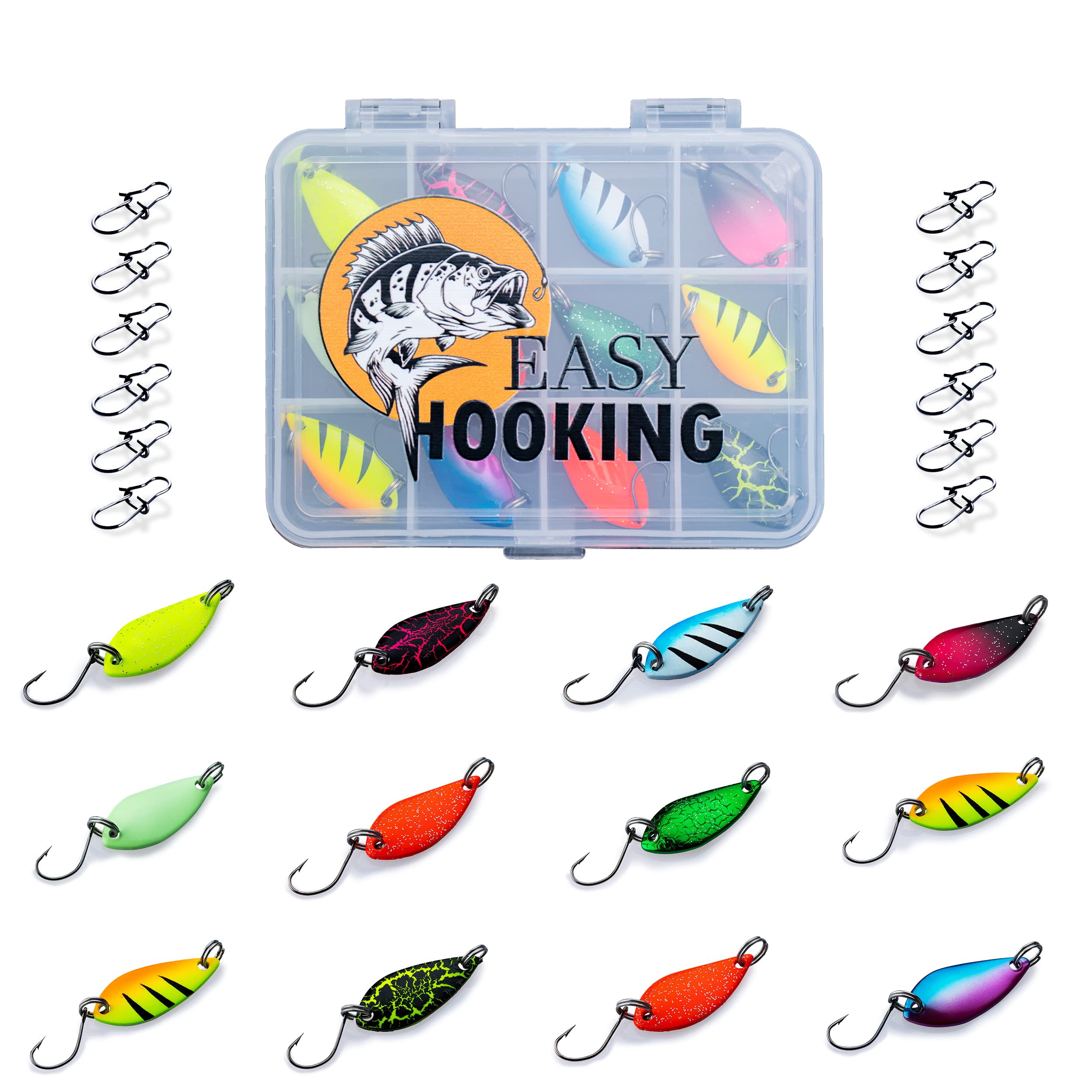 Generisch EasyHooking Trout Spoon Set 25 Pieces - 11 Indicators 5 g + 1 UV Active Indicator 5 g + 12 Snaps #0 + Storage Box
