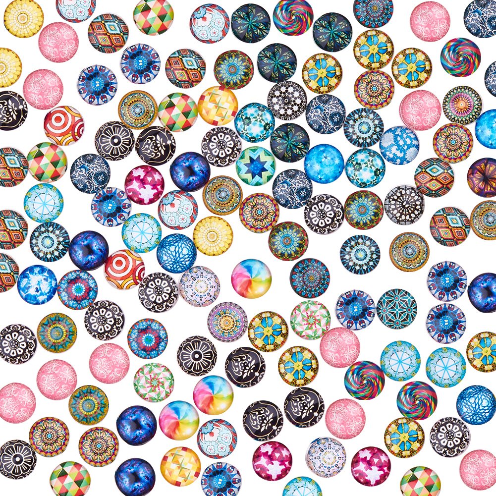 PH PandaHall 200pcs Mosaic Glass Cabochons, 12mm Half Round Dome Cabochons Tiles Art Crafts Embellishments for Bracelet Cufflinks Photo Pendant Trays Blanks Earring Jewellery Making, Mixed Style
