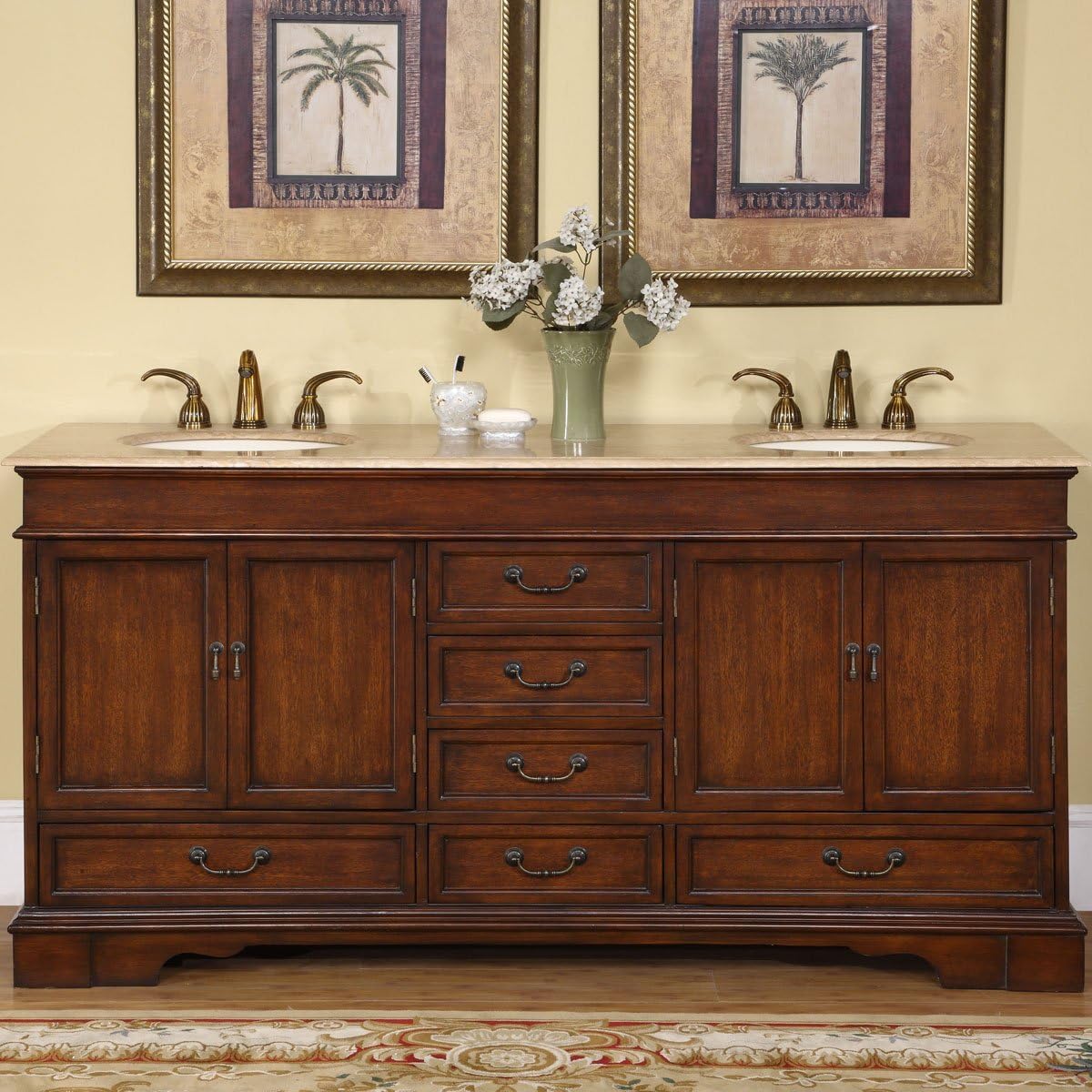 Silkroad Exclusive Travertine Stone Top Double Sink Bathroom Vanity with Cabinet, 72", Brown