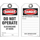 Idesco Safety T630A Lockout Safety Tag - Danger, Do Not Operate, Electricians at Work Tag, English, Rigid Plastic, Standard, 3-3/8" x 5-5/8", Red and Black and White (Pack of 10)
