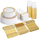 bUCLA 350PCS Gold Plastic Plates Disposable - Gold Plastic Dinnerware Set Include 50 Dinner / 50 Dessert Plates, 50 Forks, 50 Knives, 50 Spoons, 50 Cups, 50 Napkins for Party & Thanksgiving
