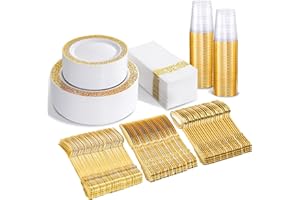 bUCLA 350PCS Gold Plastic Dinnerware Set for 50 Guests - Gold Plastic Plates Disposable for Party Include 100 Plates,50 Forks, 50 Knives, 50 Spoons,50 Cups,50 Napkins for Thanksgiving