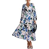 PRETTYGARDEN Women's Floral Midi Dress Casual Fall V Neck Long Sleeve Flowy Spring Beach Wedding Guest Vacation Dresses