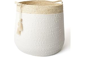 LA JOLIE MUSE Rope Basket Woven Storage Basket - Laundry Basket Large 17.3x 17.3 x 15 Inches Cotton Blanket Organizer, Baby Nursery Containers White Home Decor Gift