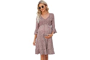 Coolmee Women's Maternity Short Sleeve Ruffle Dress V Neck Summer Casual Smocked Flowy Midi Dress for Baby Shower Photoshoot