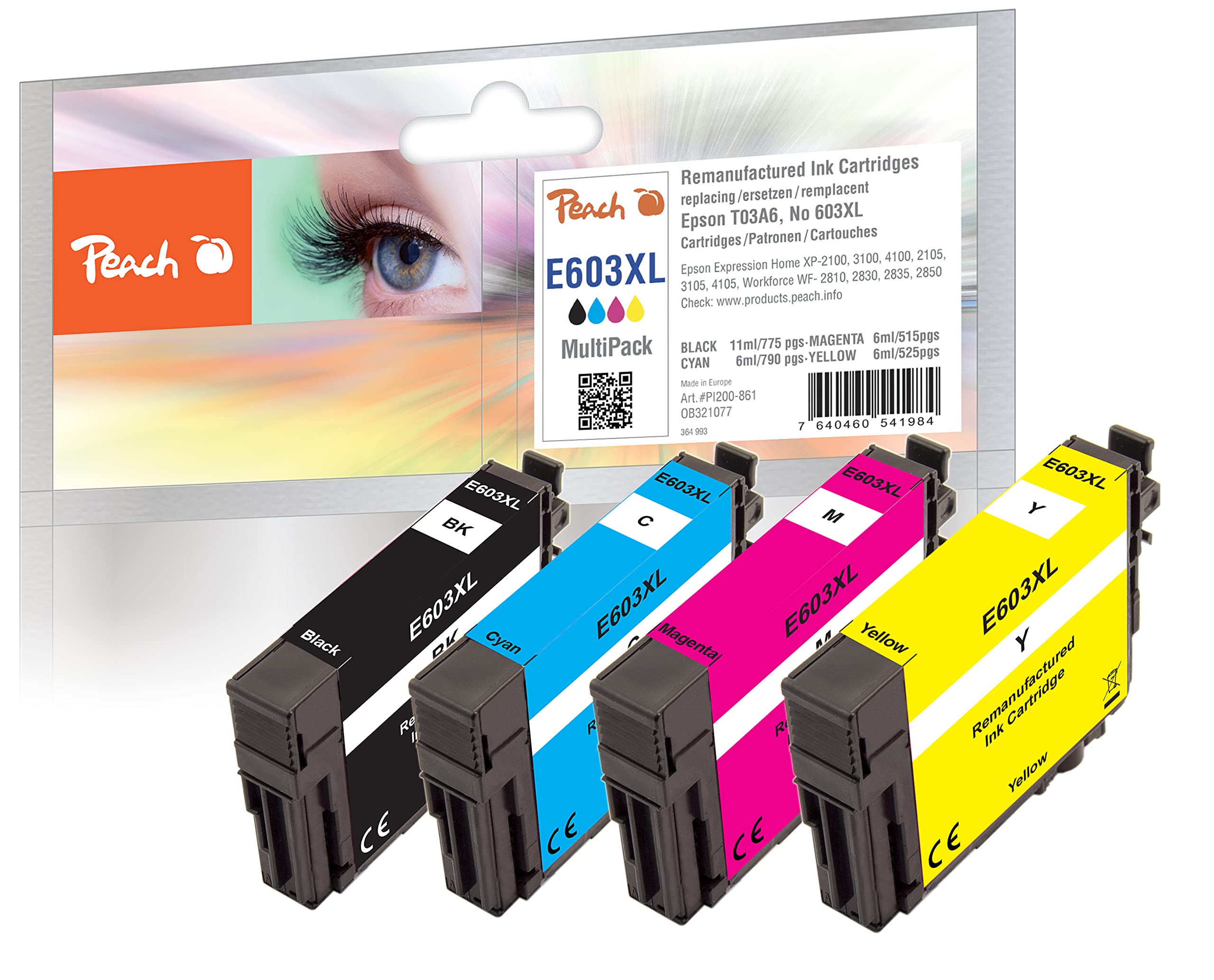 Peach E603 Ink Cartridges XL (BK, C, M, Y) Replaces Epson No. 603XL, C13T03A64010 for e.g. Epson Expression Home XP -2100, Epson Expression Home XP -2105, Epson Expression Home XP -31110 00